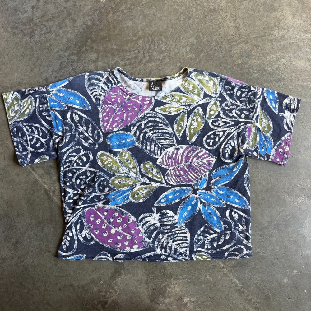 Vintage Ali Miles Abstract Floral Graphic Shirt USA Made Womens Large 21.5x21